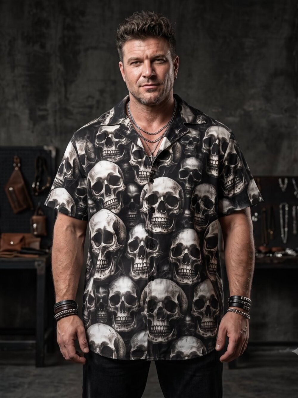 Conceptual Subculture Skulls Soft Cotton Mens Button Down Bowling Shirt Size 3X